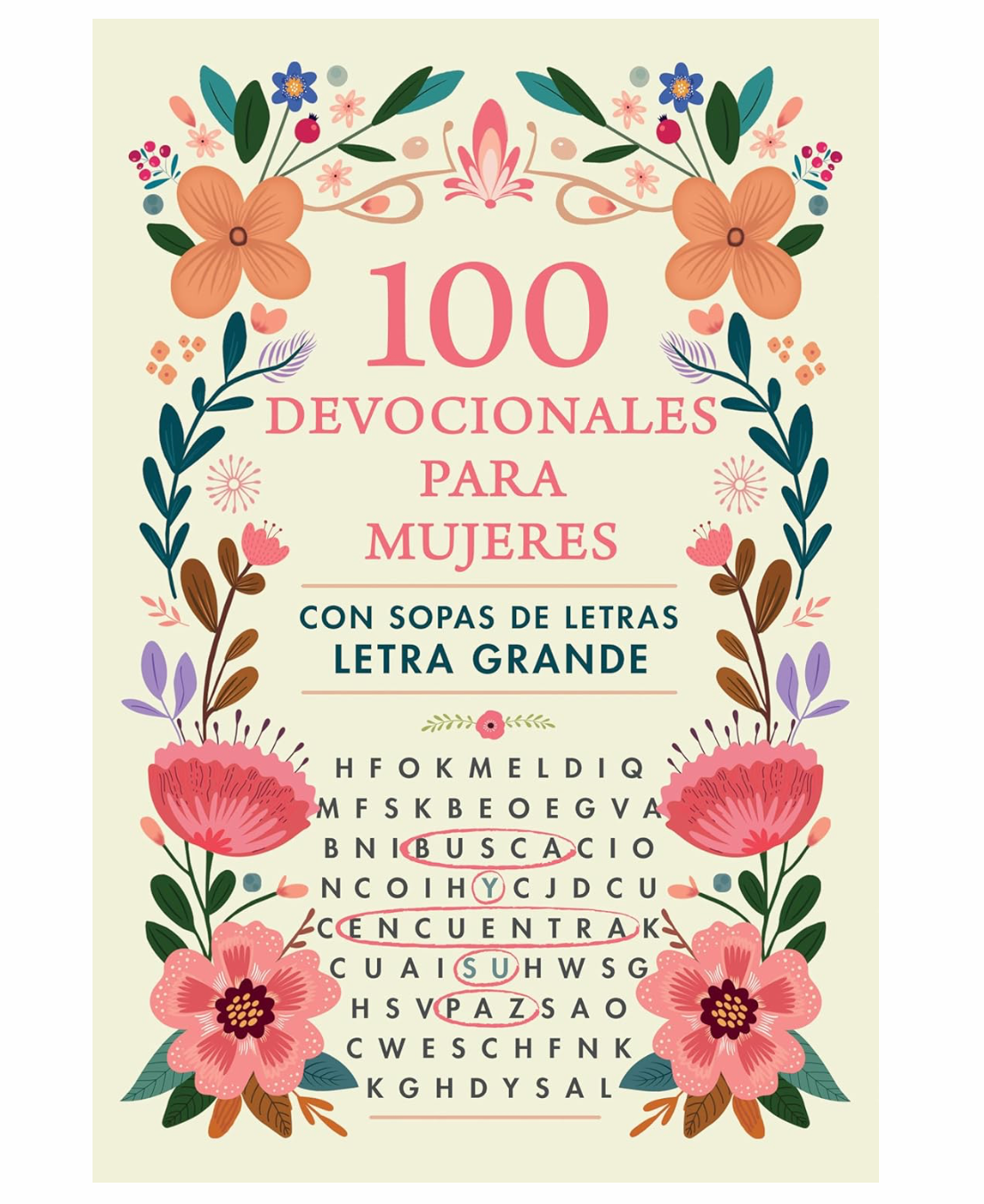 Libro 100 Devocionales para Mujeres Con sopa de letras - Letra Grande